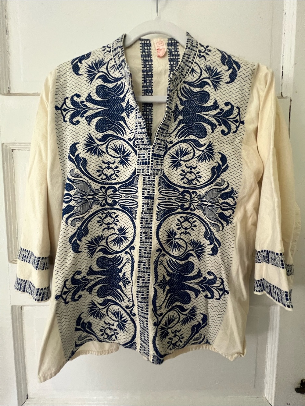 Greek Embroidered Cream and Navy Women's Tunic Top with Floral Design
